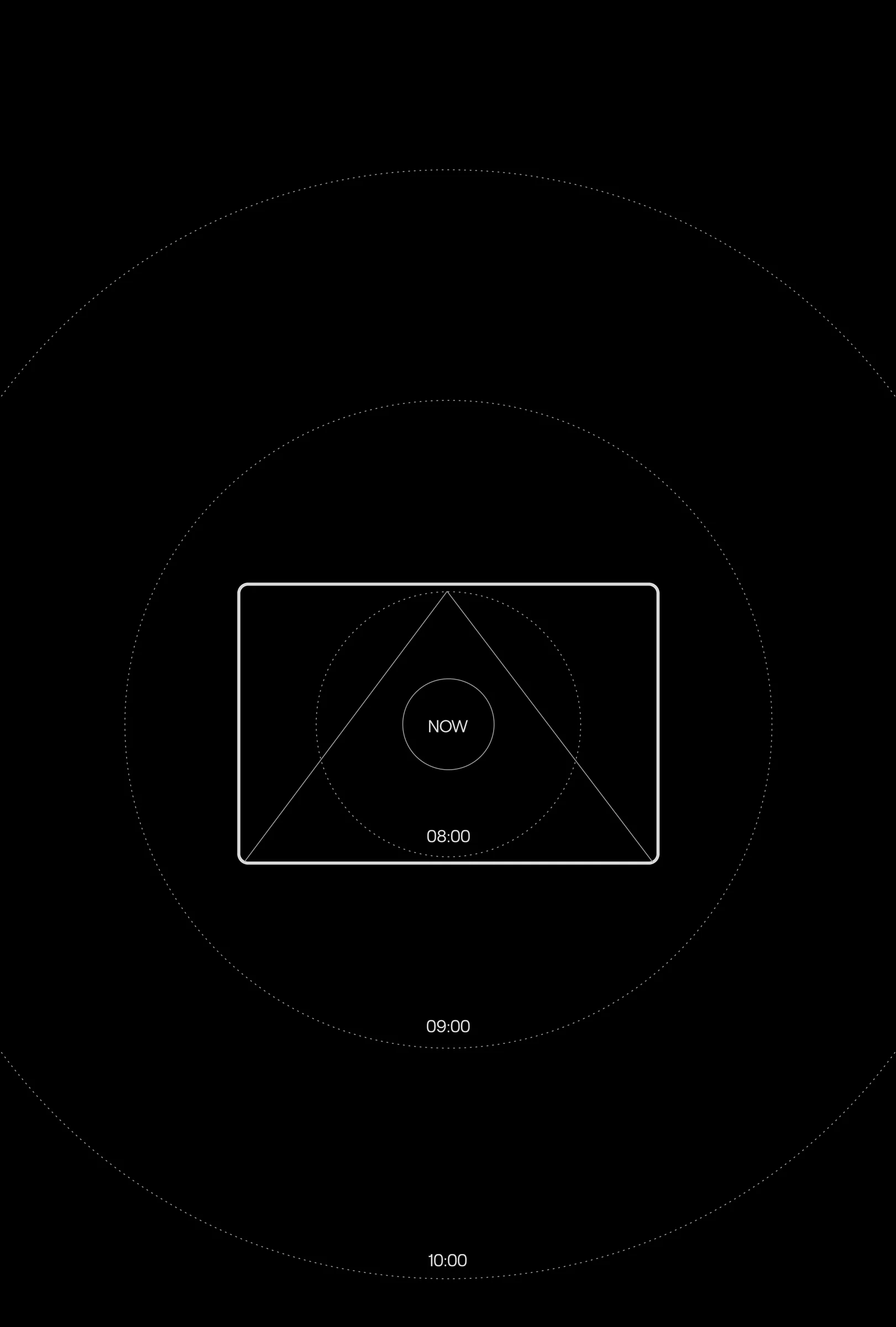 Black app screen with dotted concentric rings marking NOW, 08:00, 09:00 and 10:00 around a framed triangle, for Lot.