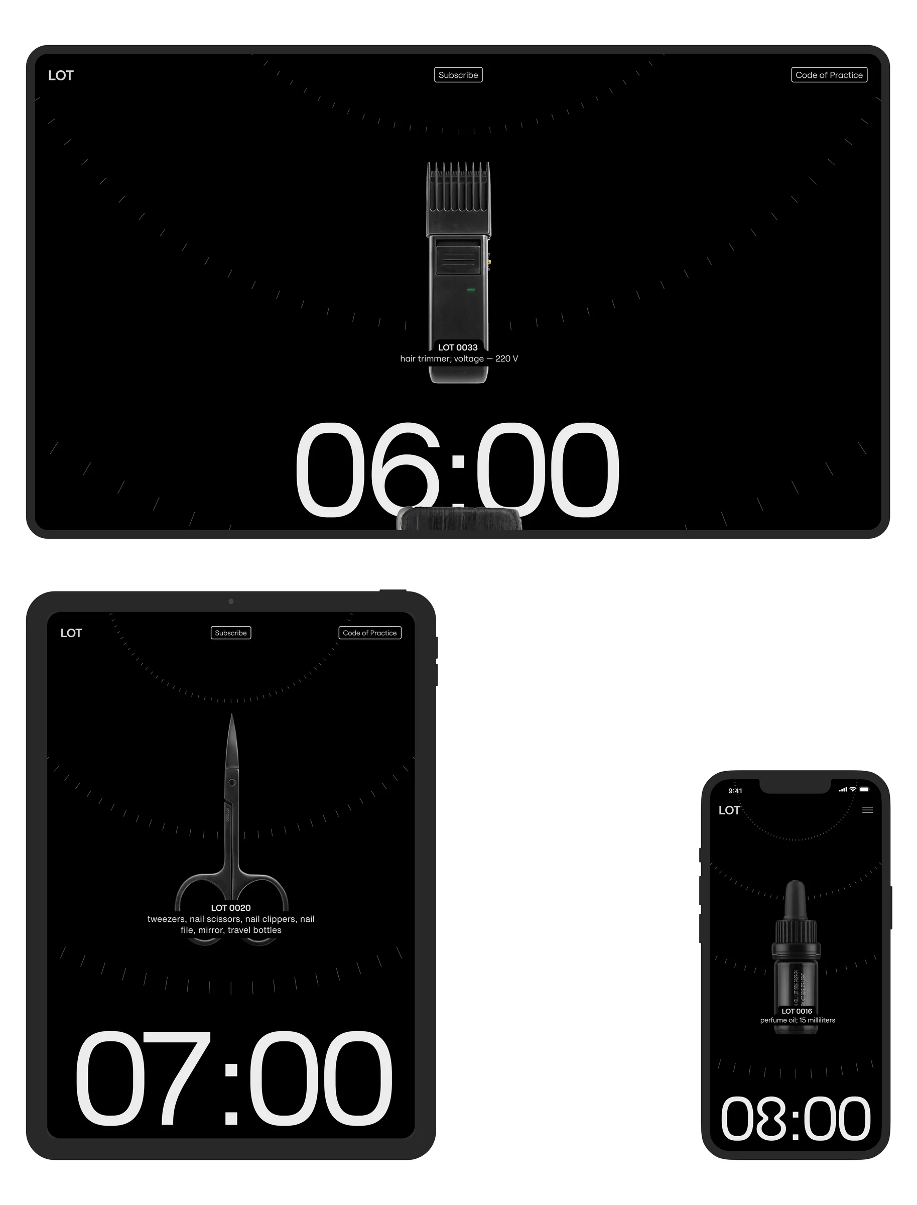 Website on laptop, tablet and phone showing a hair trimmer, nail scissors and perfume oil on black with large clocks, for LOT.