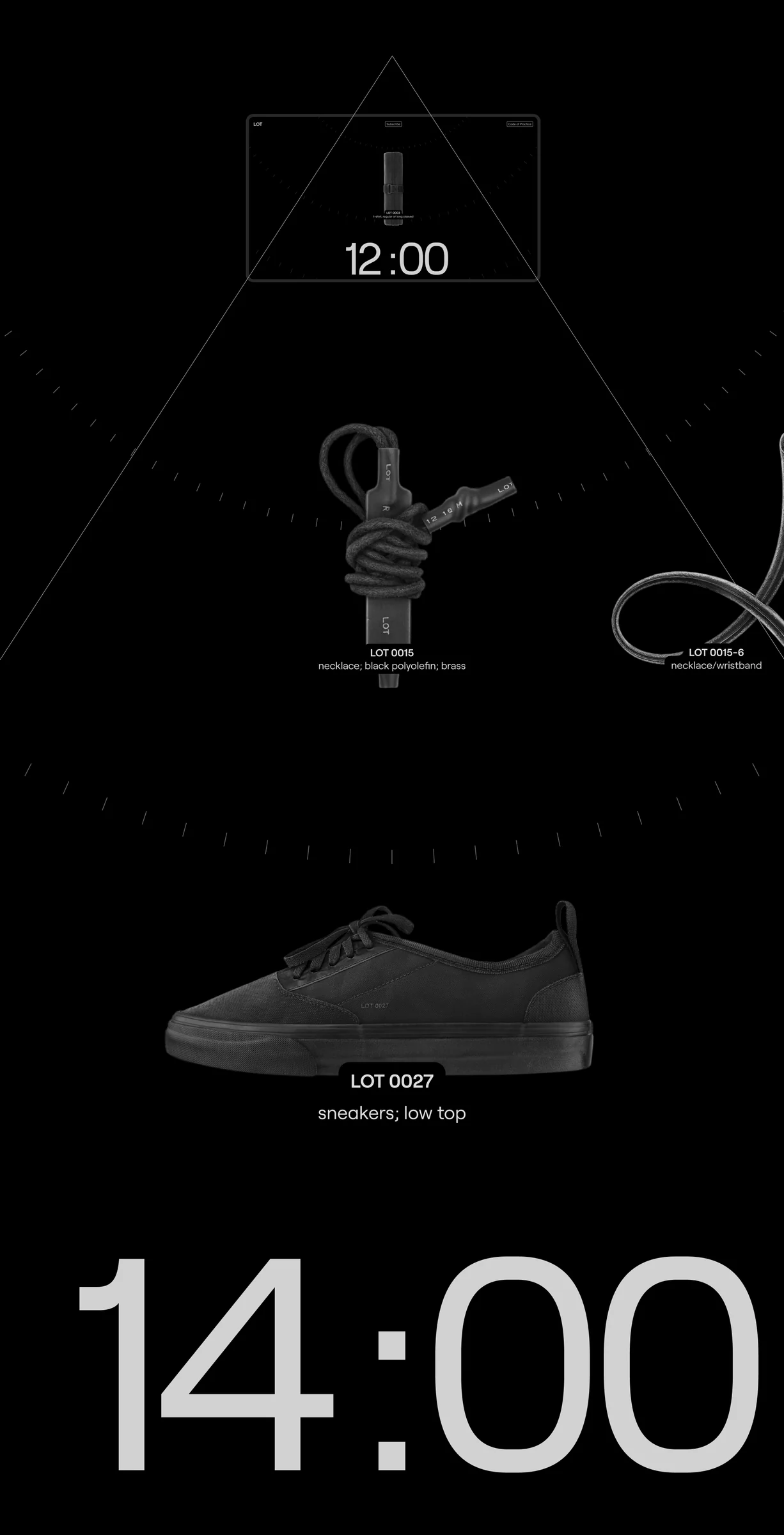 Black mobile screen layout with a 14:00 countdown, knotted cord necklace Lot 0016 and black low-top sneakers, for Lot.