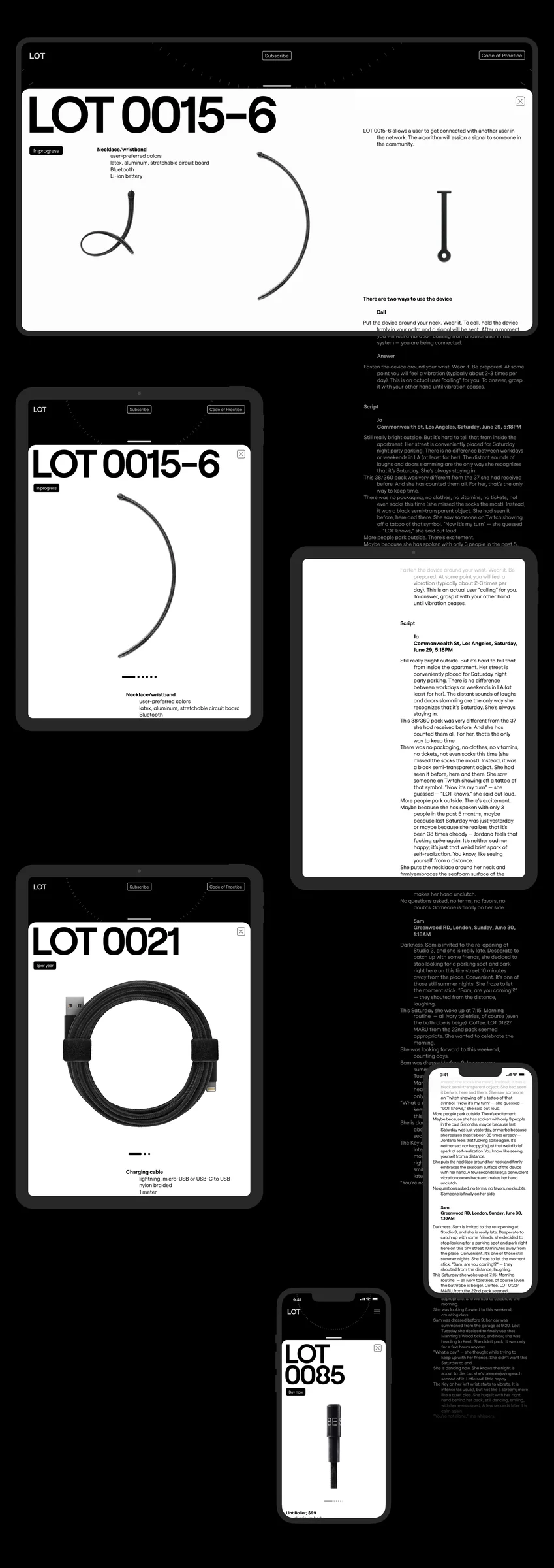 Website screens on desktop, tablet and phone showing product lot pages with cables and large black headings, for Lot.