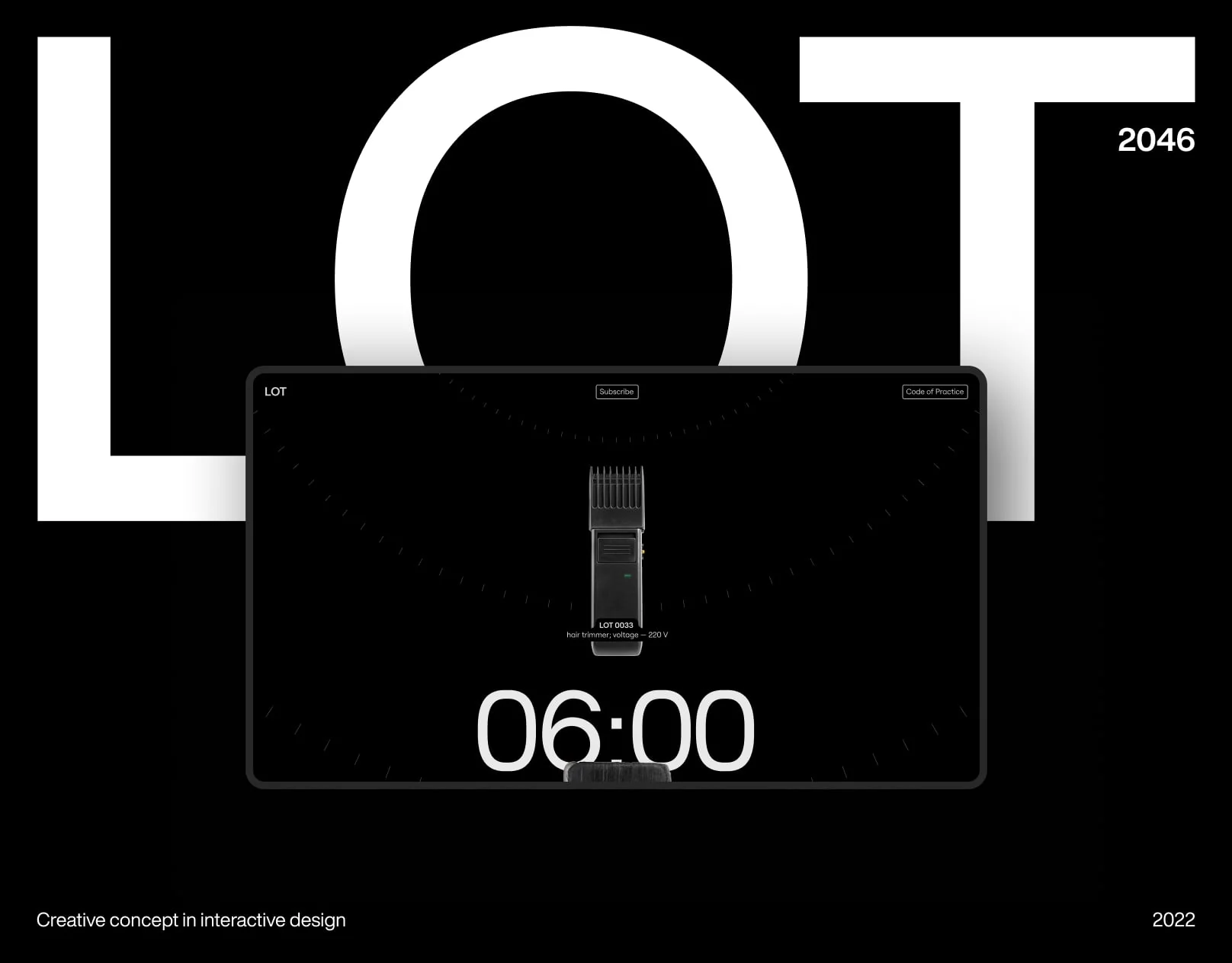 Tablet showing a black website with a hair trimmer and 06:00 timer, set before giant white LOT letters, for LOT 2046.