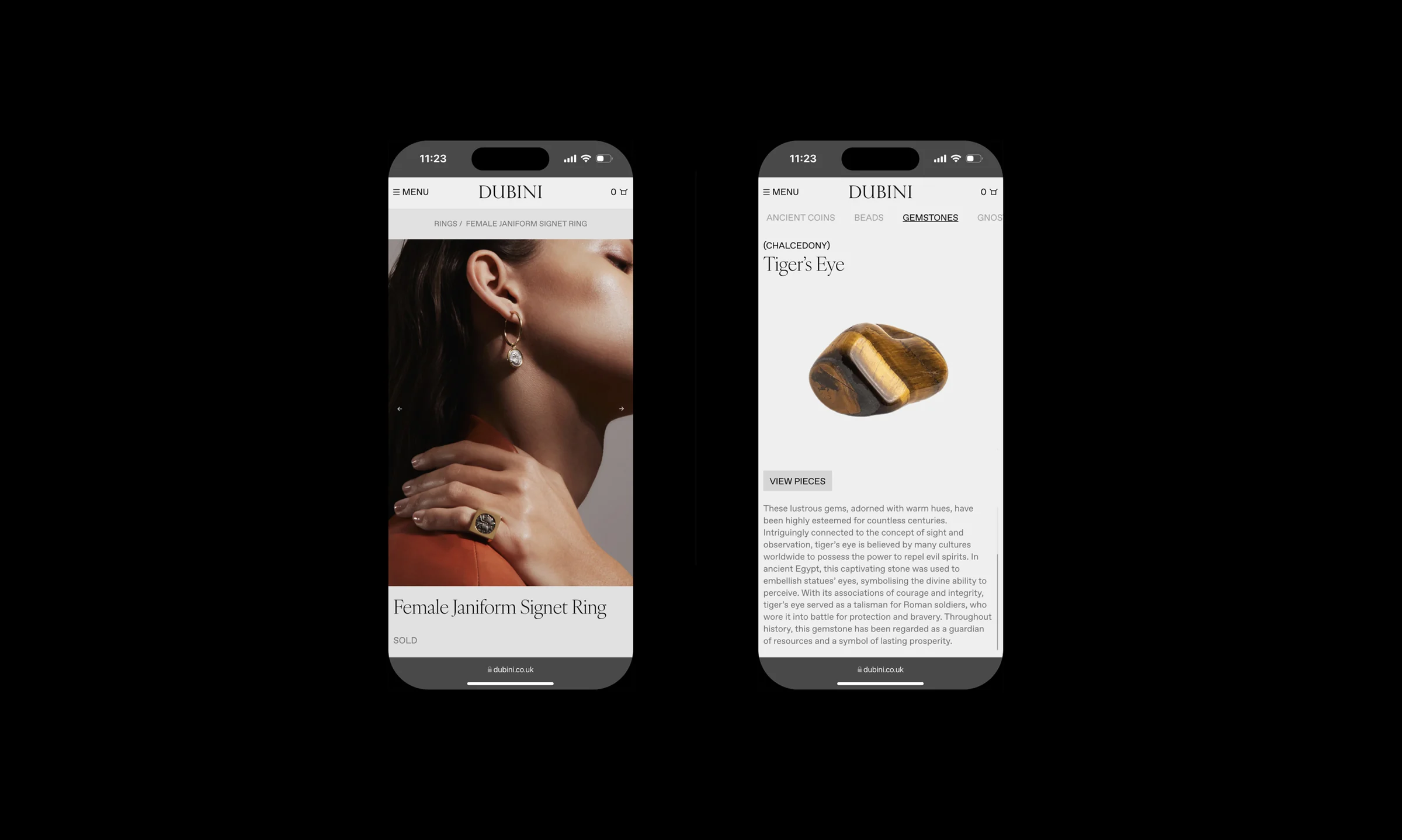 Two phone screens showing a signet ring product page and a tiger's eye gemstone page on a black background, for Dubini.
