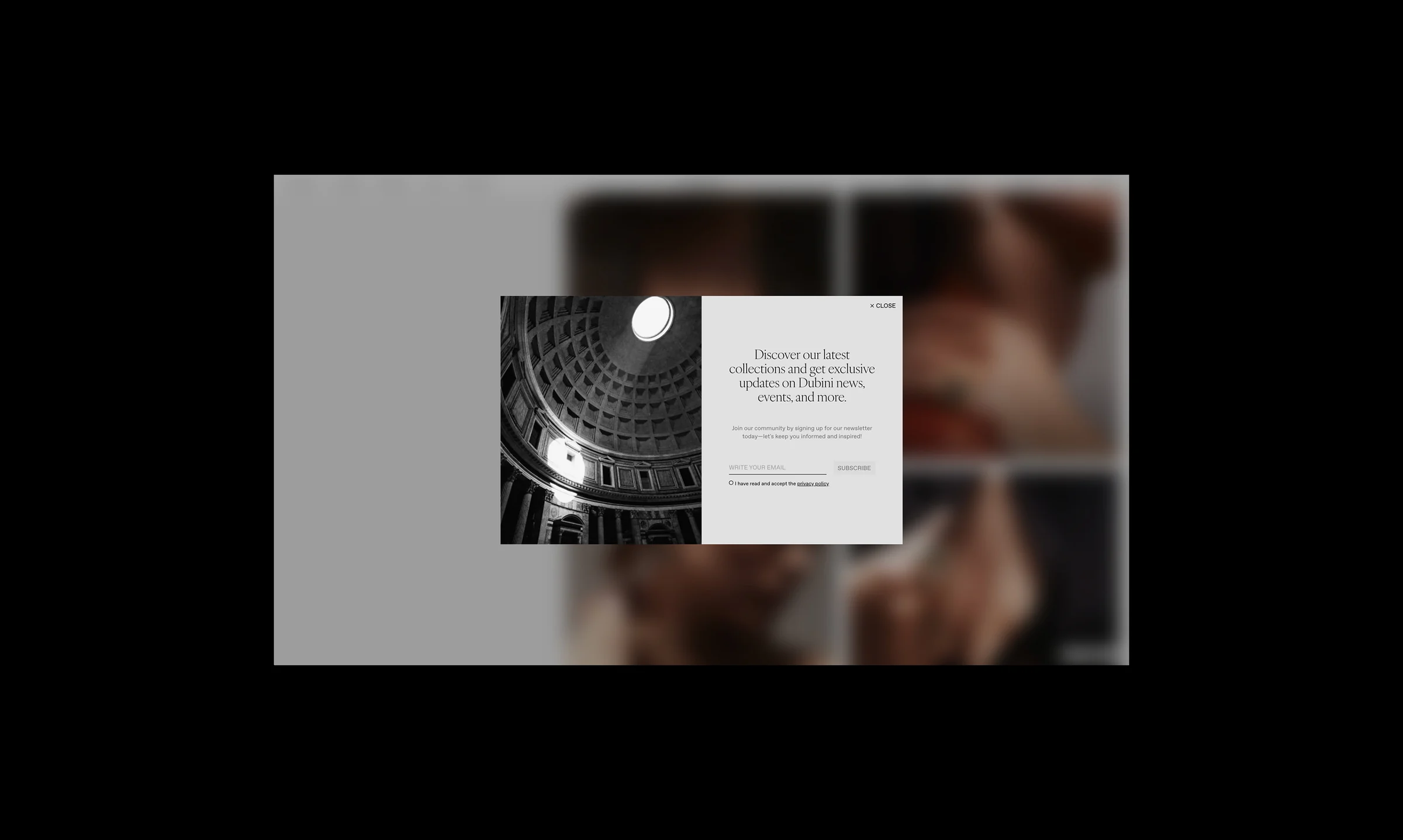 Website newsletter signup popup with a black-and-white Pantheon dome photo over a blurred page, for Dubini.