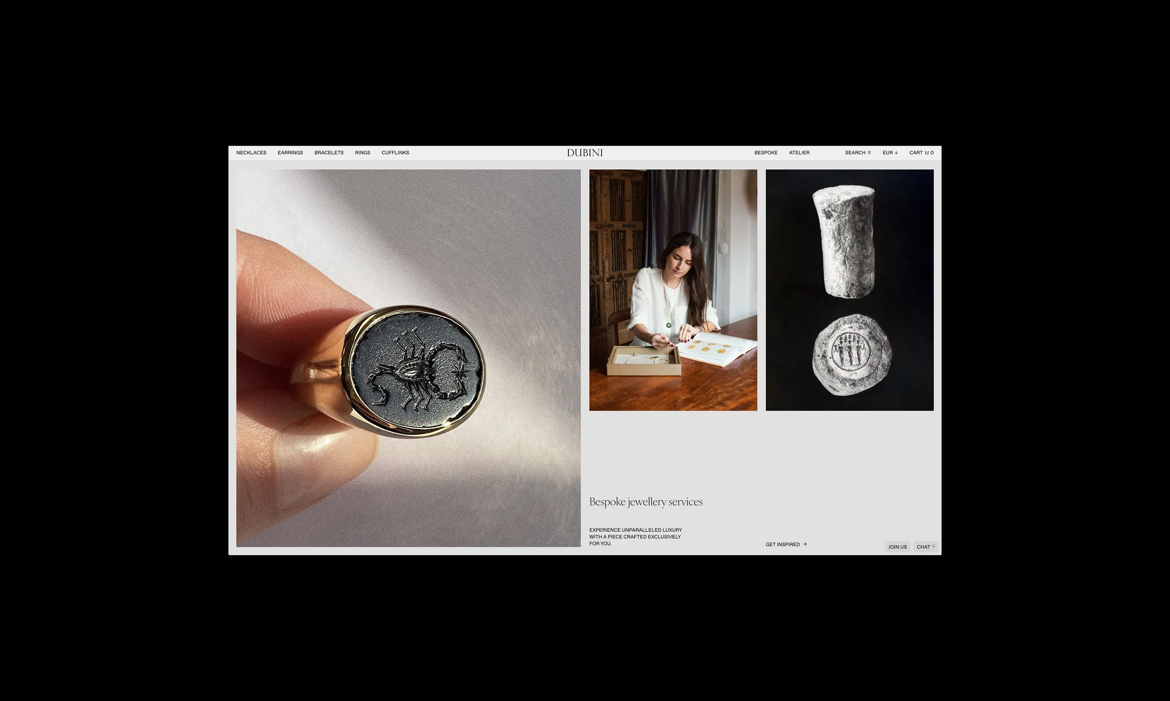 Website page on bespoke jewellery services with a scorpion signet ring, a woman at a desk and an ancient seal, for Dubini.