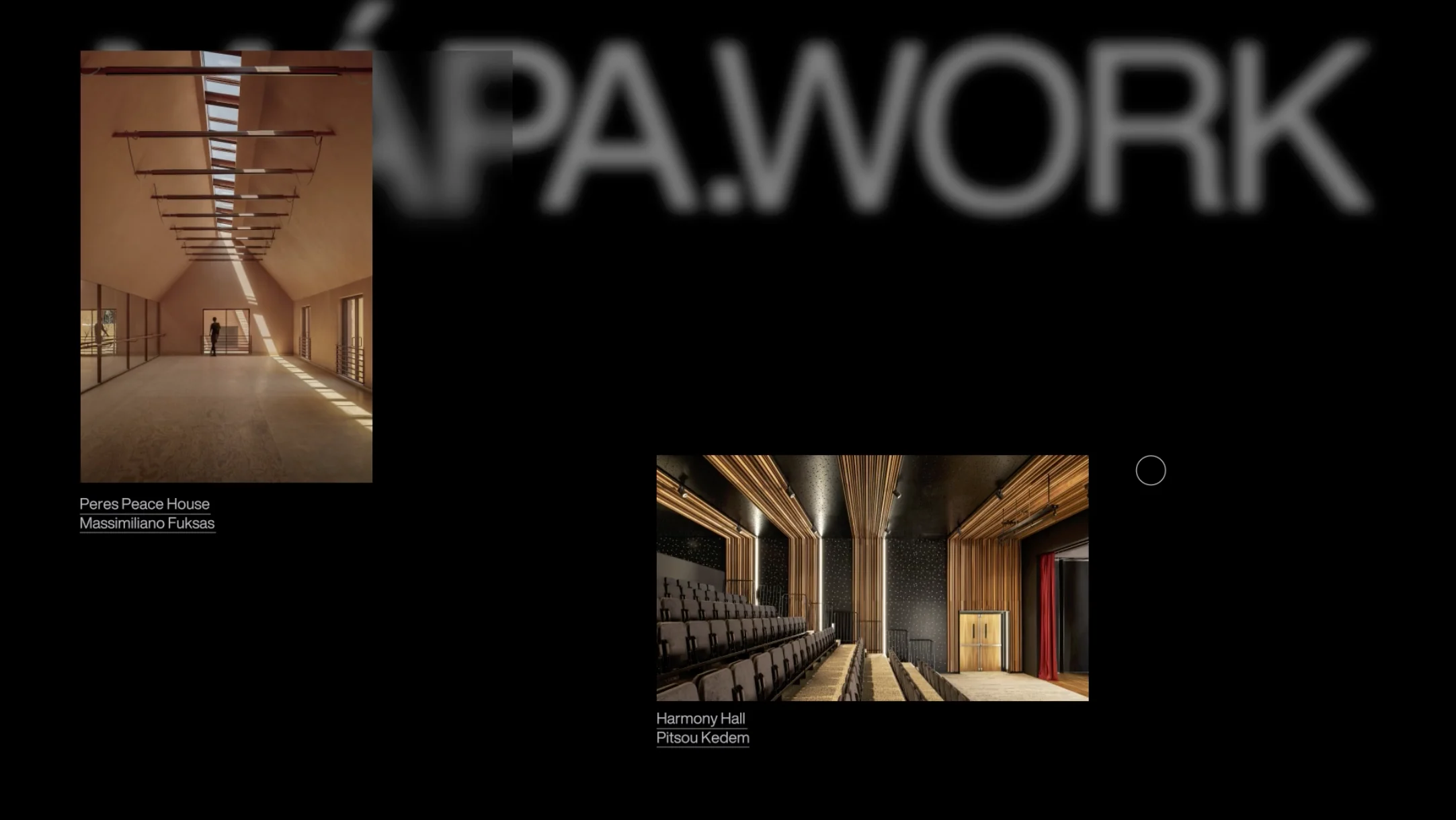 Website screen with architectural interior renders over a blurred MAPA.WORK wordmark on black, for MAPA.